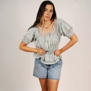 Y2K Peasant Blouse (S) small blue green vintage Anthropologie Lithe cottagecore